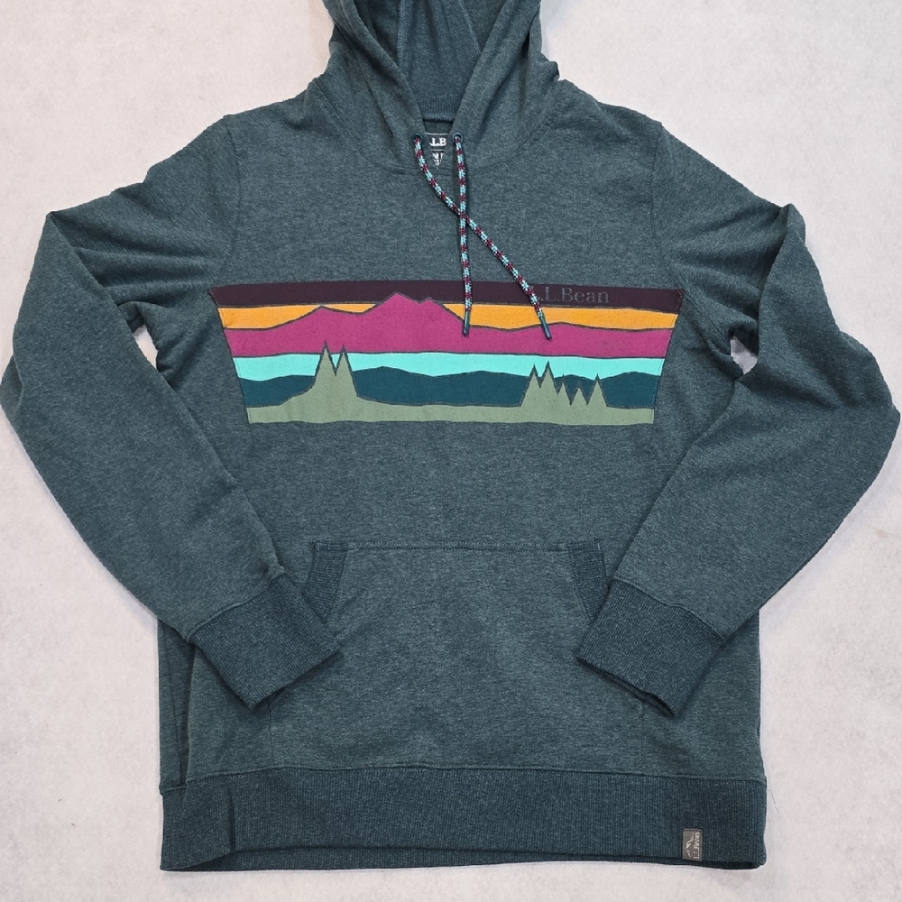 L.L. Bean Teal Hooded Sweatshirt with Multicolor Mountain Graphic